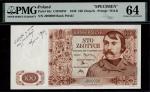 Bank Polski, Government in Exile WWII,  First issue  specimen 100 zlotych, 1939, serial number J0000