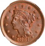 1851 Braided Hair Cent. MS-64 BN (NGC). CAC.