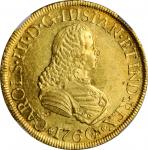 COLOMBIA. 8 Escudos, 1760-PN J. Popayán Mint. Charles III. NGC MS-60.