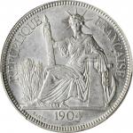 1904-A年坐洋壹圆贸易银币。巴黎造币厂。FRENCH INDO-CHINA. Piastre, 1904-A. Paris Mint. PCGS MS-61 Gold Shield.
