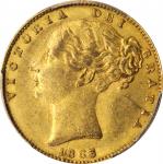 GREAT BRITAIN. Sovereign, 1863. London Mint. Victoria. PCGS AU-53 Gold Shield.