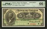 MEXICO. El Banco de Chiapas. 5 Pesos, ND (1902). P-S113s. Specimen. PMG Gem Uncirculated 66 EPQ.