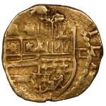 SPAIN, Seville, gold cob 1 escudo, Philip II, assayer Gothic D with open right side to right.