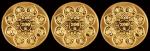 2001年西藏和平解放五十周年纪念金币三枚，均为精制，面值200元，重量1/2盎司，成色99.99%，此币采用镜面多层喷砂工艺，饰以藏族传统吉祥图案“八吉祥”纹，雕刻精美，铸工精湛，极具收藏价值，均附