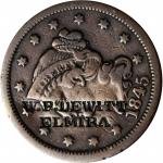 W.P. DEWITT / ELMIRA on an 1845 Braided Hair large cent. Brunk D-330, Rulau-NY 2026. Host coin Fine.