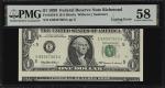 Fr. 1924-E. 1999 $1. Federal Reserve Note. Richmond. PMG Choice About Uncirculated 58. Cutting Error