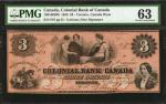 CANADA. Colonial Bank of Canada. 3 Dollars, 1859. CH #130-100-206. PMG Choice Uncirculated 63.