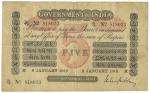 Banknotes – India. Government of India: 5-Rupees, fifth issue, 6 January 1916, Madras, serial no.JD1