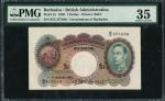 Government of Barbados, $1, 1 January 1949, serial number B/X 357949, brown, green and multicoloured