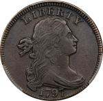 1797 Draped Bust Cent. S-142/143, Rarity-5+/5. Obverse Brockage, Rarity-8. EF-45 (PCGS).