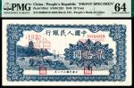 1949年第一版人民币贰拾圆，蓝色塔下牧牛图，单面样本，正背面各