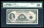 1935年加拿大10元, 编号 A051118, 英文版. PMG 30。Bank of Canada, $10, 1935, English, serial number A051118 pp C,