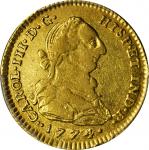 COLOMBIA. 1774/3-VJ 2 Escudos. Santa Fe de Nuevo Reino (Bogotá) mint. Carlos III (1759-1788). Restre