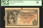 CUBA. Tesoro de la Isla de Cuba. 5 Pesos, 1891. P-39b. Unsigned Remainder. PCGS Very Fine 30.