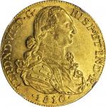 COLOMBIA. 8 Escudos, 1810-JF. Nuevo Reino (Bogota) Mint. Ferdinand VII (1808-33). NGC MS-62+.