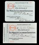 Pair of Passes to the Worlds Columbian Exposition Grounds.
