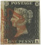 Postage Stamps. Great Britain : 1840 1d (Penny), black, pl 1b, ‘SA’ 4, large margins [very large at 
