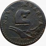 1787 New Jersey Copper. Maris 37-Y, W-5150. Rarity-5. No Sprig Above Plow, Outlined Shield, Goiter. 